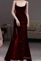 Beautiful Mermaid Straps Slit Burgundy Long Prom Dress