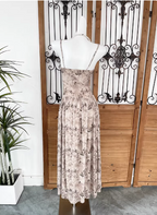 Beautiful Milk Tea Color Spaghetti Strap V-Neck Printed Satin Long Formal Prom Dresses
