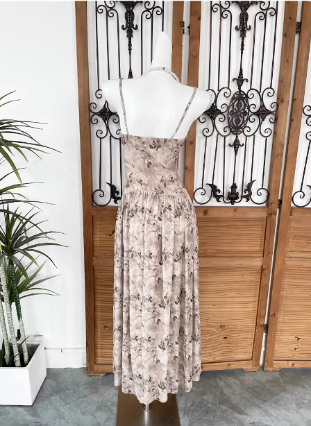 Beautiful Milk Tea Color Spaghetti Strap V-Neck Printed Satin Long Formal Prom Dresses