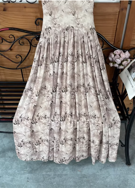 Beautiful Milk Tea Color Spaghetti Strap V-Neck Printed Satin Long Formal Prom Dresses