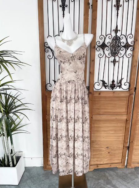 Beautiful Milk Tea Color Spaghetti Strap V-Neck Printed Satin Long Formal Prom Dresses