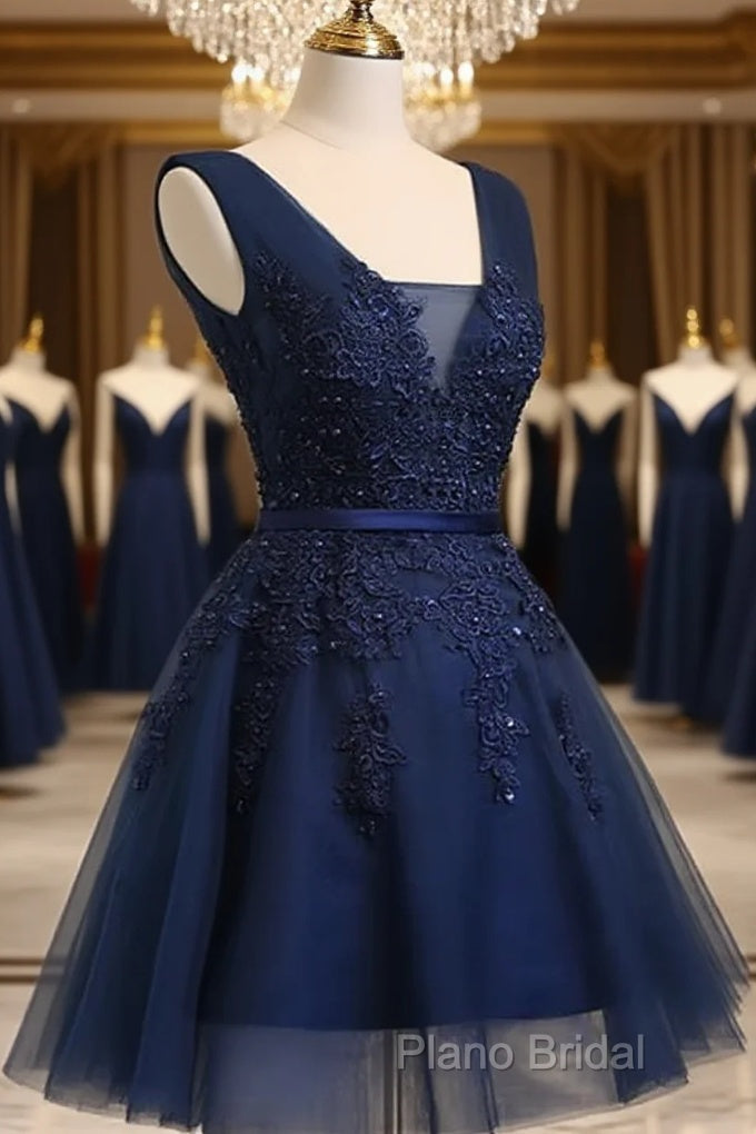 Beautiful Navy Blue Knee Length Homecoming Dresses, V-Neckline Short Formal Dresses Main image