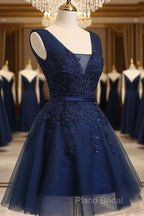 Beautiful Navy Blue Knee Length Homecoming Dresses, V-Neckline Short Formal Dresses