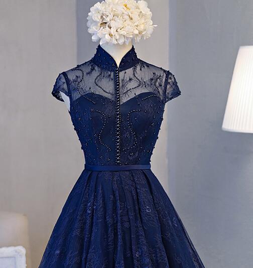 Beautiful Navy Blue Knee Length Lace Party Dresses, Homecoming Dresses Secondary image