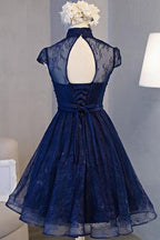 Beautiful Navy Blue Knee Length Lace Party Dresses, Homecoming Dresses