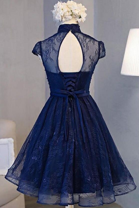 Beautiful Navy Blue Knee Length Lace Party Dresses, Homecoming Dresses