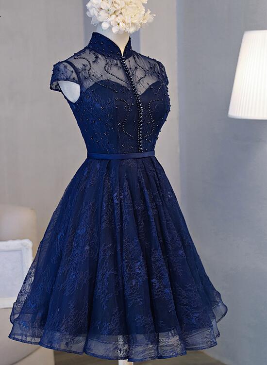 Beautiful Navy Blue Knee Length Lace Party Dresses, Homecoming Dresses Main image