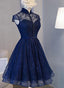 Beautiful Navy Blue Knee Length Lace Party Dresses, Homecoming Dresses