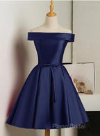 Beautiful Navy Blue Satin Knee Length Homecoming Dresses, Blue Short Formal Prom Dresses