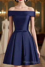 Beautiful Navy Blue Satin Knee Length Homecoming Dresses, Blue Short Formal Prom Dresses