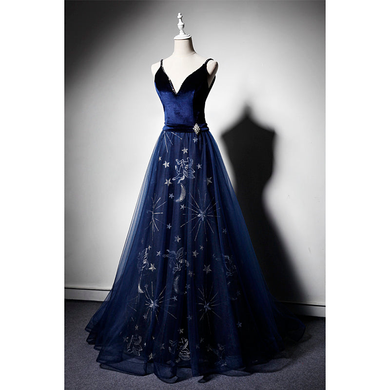 Beautiful Navy Blue Straps Velvet Long Formal Prom Dresses, Tulle Blue Formal Evening Gown Secondary image