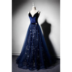 Beautiful Navy Blue Straps Velvet Long Formal Prom Dresses, Tulle Blue Formal Evening Gown