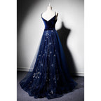Beautiful Navy Blue Straps Velvet Long Formal Prom Dresses, Tulle Blue Formal Evening Gown