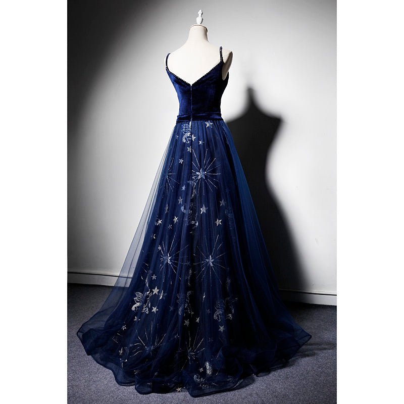 Beautiful Navy Blue Straps Velvet Long Formal Prom Dresses, Tulle Blue Formal Evening Gown