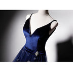 Beautiful Navy Blue Straps Velvet Long Formal Prom Dresses, Tulle Blue Formal Evening Gown