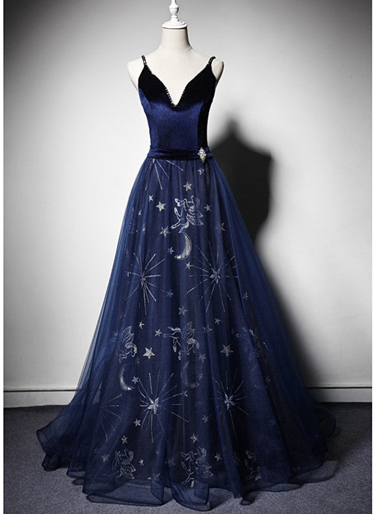 Beautiful Navy Blue Straps Velvet Long Formal Prom Dresses, Tulle Blue Formal Evening Gown Main image