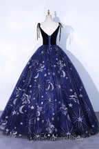 Beautiful Navy Blue Tulle Long Formal Prom Dresses, Spaghetti Straps Lace Flower Backless Formal Dresses