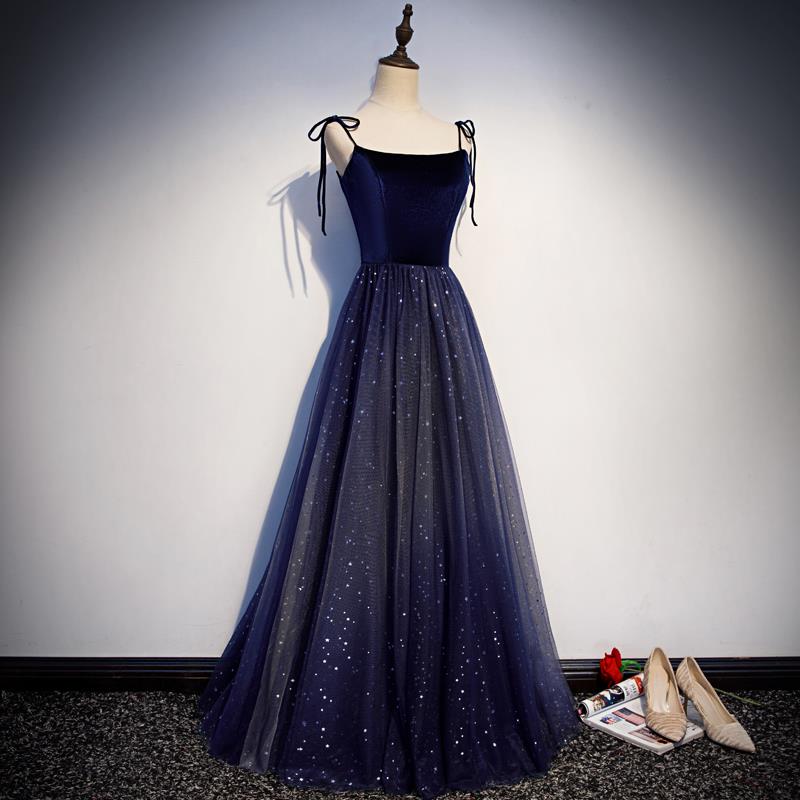 Beautiful Navy Blue Tulle Straps Long Velvet Party Dresses, Blue Formal Prom Dresses
