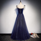 Beautiful Navy Blue Tulle Straps Long Velvet Party Dresses, Blue Formal Prom Dresses
