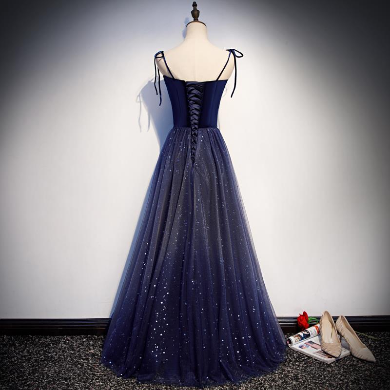 Beautiful Navy Blue Tulle Straps Long Velvet Party Dresses, Blue Formal Prom Dresses