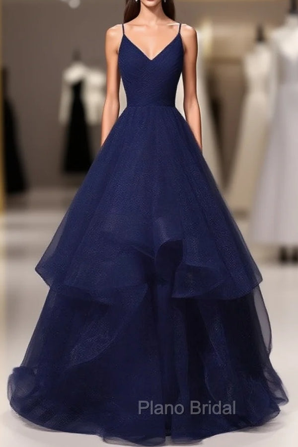 Beautiful Navy Blue Tulle V-neckline Straps Long Party Dresses, Blue Formal Gown