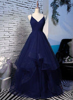 Beautiful Navy Blue Tulle V-Neckline Straps Long Party Dresses, Blue Formal Gown