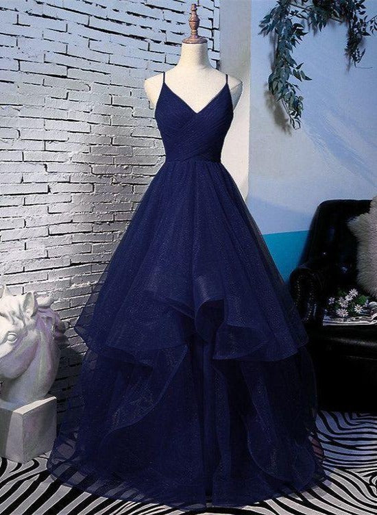 Beautiful Navy Blue Tulle V-Neckline Straps Long Party Dresses, Blue Formal Gown