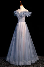 Beautiful Off Shoulder Puffy Sleeves Beaded Party Dresses Formal Prom Dresses, Blue Evening Gown