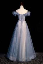 Beautiful Off Shoulder Puffy Sleeves Beaded Party Dresses Formal Prom Dresses, Blue Evening Gown