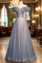 Beautiful Off Shoulder Puffy Sleeves Beaded Party Dresses Formal Prom Dresses, Blue Evening Gown