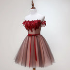 Beautiful Off Shoulder Tulle Knee Length Party Dresses , Red Homecoming Dresses With Applique