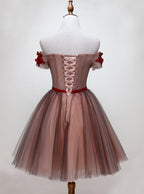 Beautiful Off Shoulder Tulle Knee Length Party Dresses , Red Homecoming Dresses With Applique