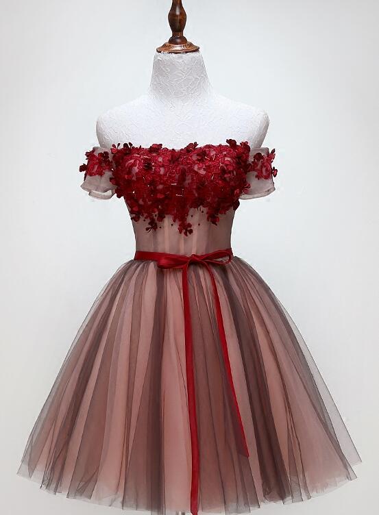 Beautiful Off Shoulder Tulle Knee Length Party Dresses , Red Homecoming Dresses With Applique Main image