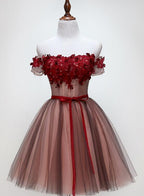 Beautiful Off Shoulder Tulle Knee Length Party Dresses , Red Homecoming Dresses With Applique