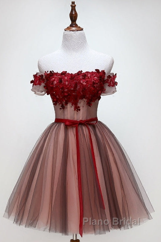 Beautiful Off Shoulder Tulle Knee Length Party Dresses , Red Homecoming Dresses With Applique Secondary image