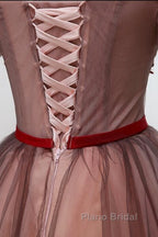 Beautiful Off Shoulder Tulle Knee Length Party Dresses , Red Homecoming Dresses With Applique