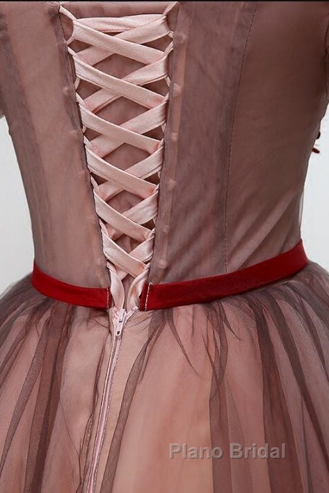 Beautiful Off Shoulder Tulle Knee Length Party Dresses , Red Homecoming Dresses With Applique