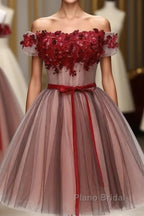 Beautiful Off Shoulder Tulle Knee Length Party Dresses , Red Homecoming Dresses With Applique