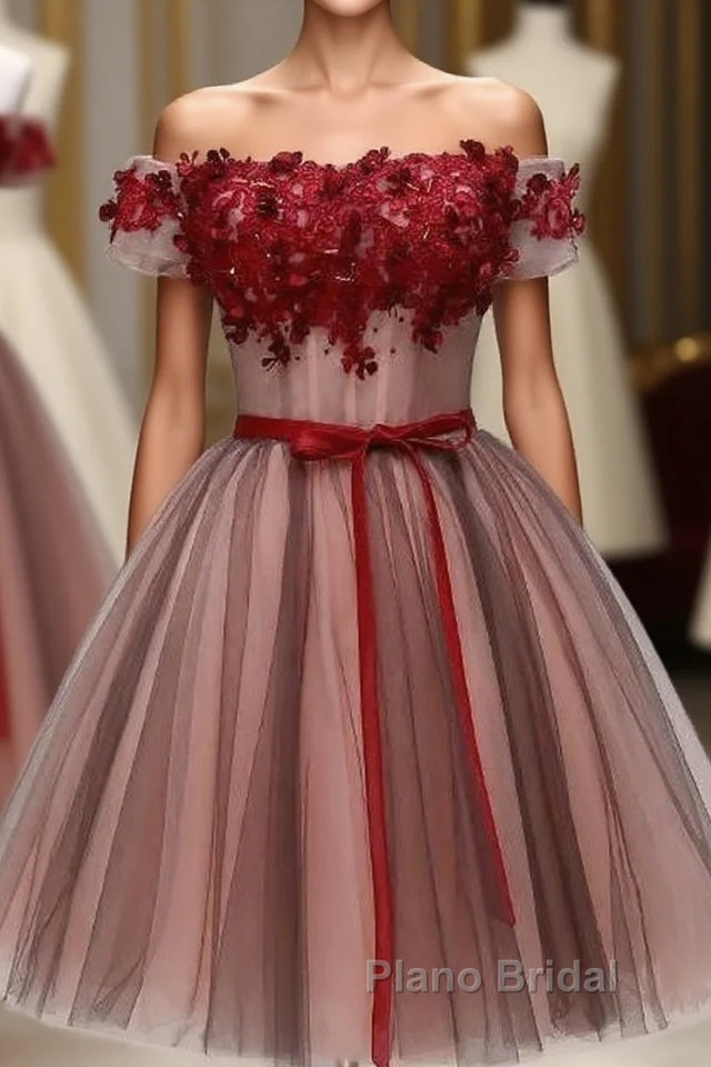 Beautiful Off Shoulder Tulle Knee Length Party Dresses , Red Homecoming Dresses With Applique Main image