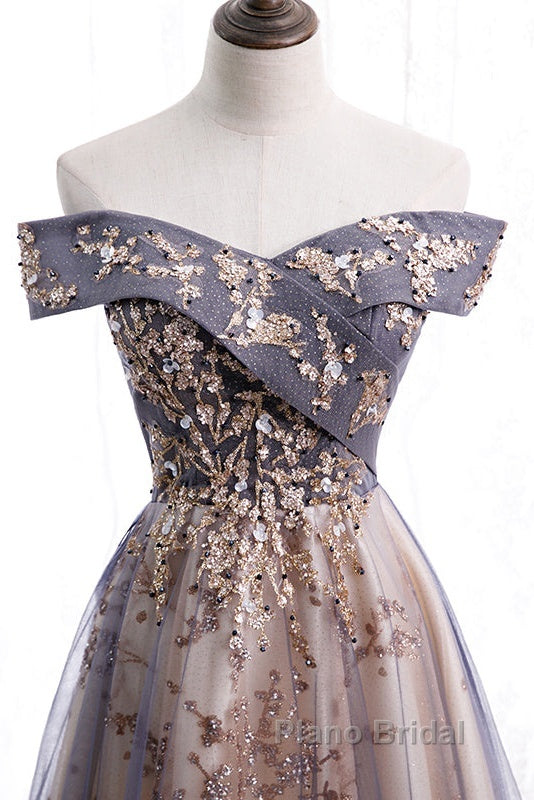 Beautiful Off Shoulder Tulle With Lace Long Evening Gown, Floor Length Formal Prom Dresses Secondary image