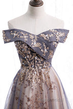 Beautiful Off Shoulder Tulle With Lace Long Evening Gown, Floor Length Formal Prom Dresses