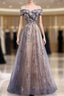 Beautiful Off Shoulder Tulle With Lace Long Evening Gown, Floor Length Formal Prom Dresses