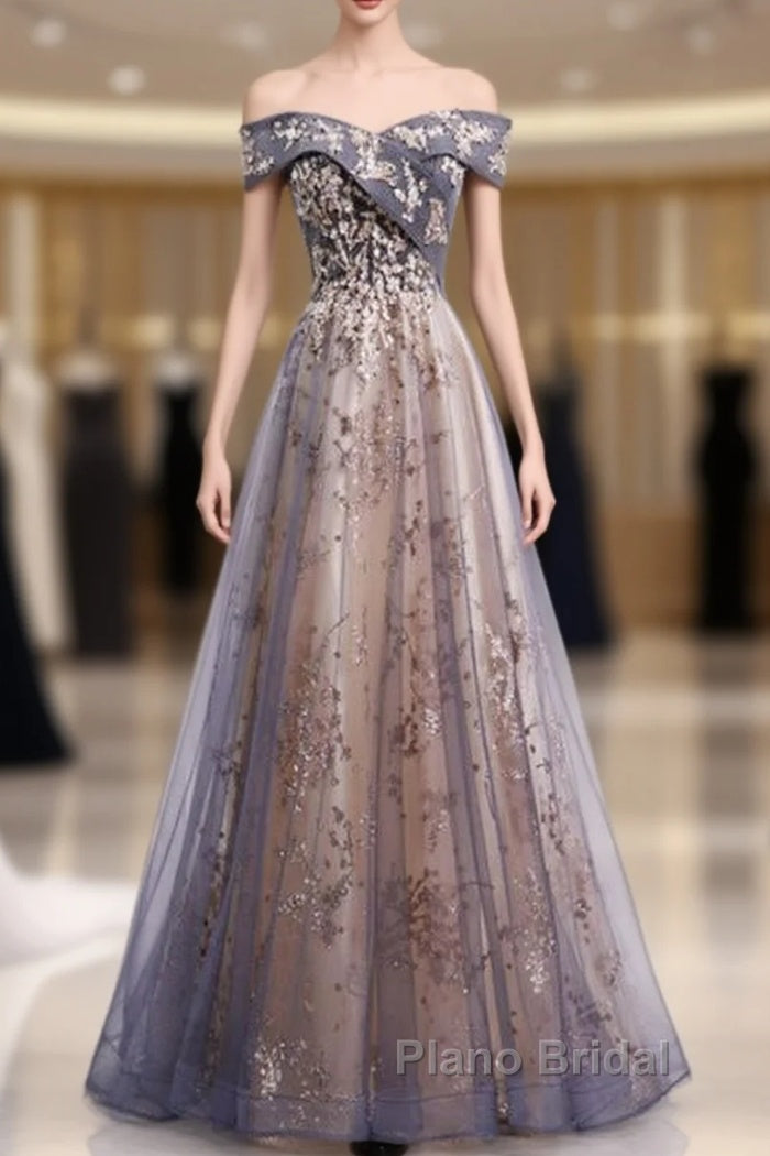Beautiful Off Shoulder Tulle With Lace Long Evening Gown, Floor Length Formal Prom Dresses