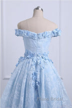 Beautiful Off The Shoulder Blue Formal Prom Dresses Lace Applique,  High Low Formal Prom Dresses