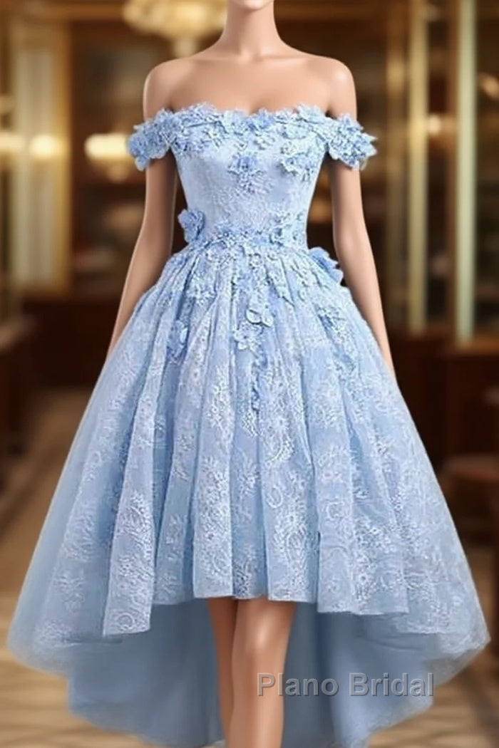 Beautiful Off The Shoulder Blue Formal Prom Dresses Lace Applique,  High Low Formal Prom Dresses Main image