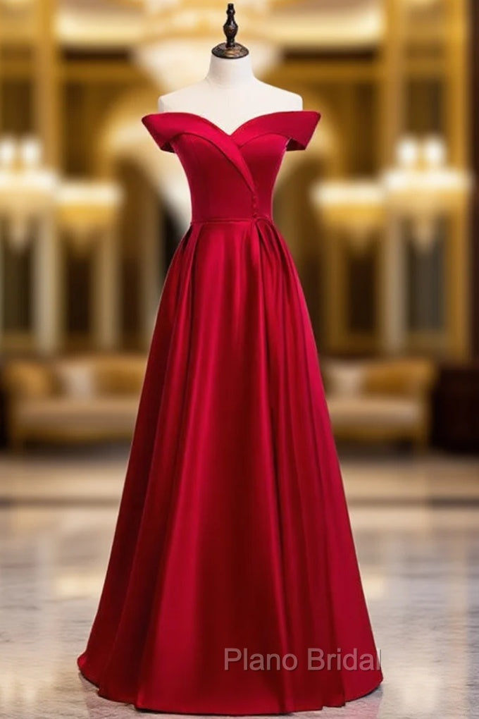 Beautiful Off The Shoulder Burgundy Satin Button Long Formal Prom Dresses Under 119 Main image