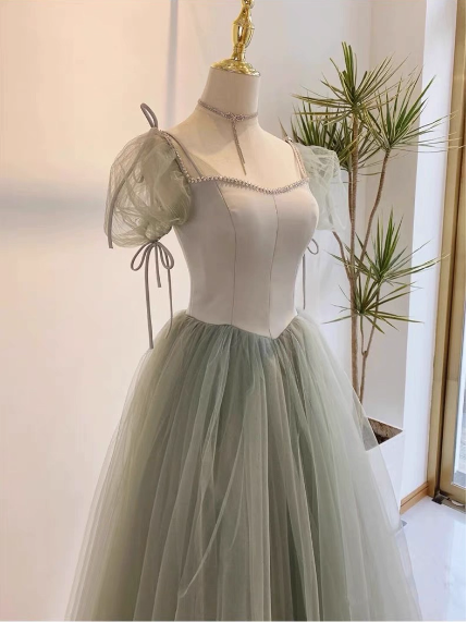 Beautiful Pea Green A-Line Square Neck Puff Sleeve Tulle Long Formal Prom Dresses Bridesmaid Dresses