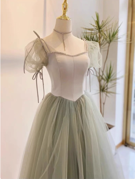 Beautiful Pea Green A-Line Square Neck Puff Sleeve Tulle Long Formal Prom Dresses Bridesmaid Dresses
