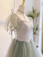 Beautiful Pea Green A-Line Square Neck Puff Sleeve Tulle Long Formal Prom Dresses Bridesmaid Dresses