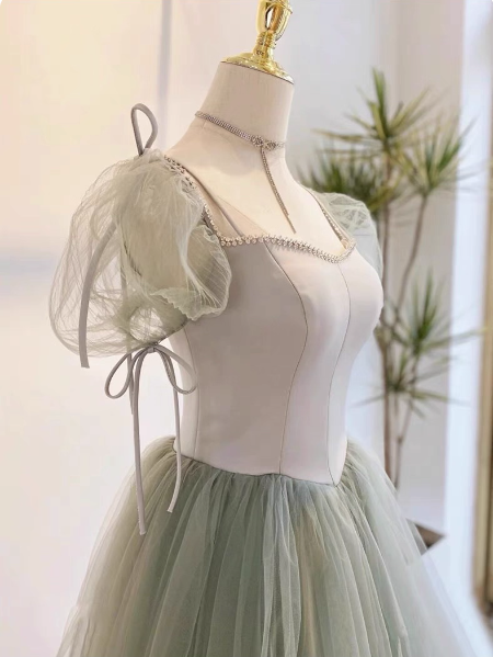 Beautiful Pea Green A-Line Square Neck Puff Sleeve Tulle Long Formal Prom Dresses Bridesmaid Dresses
